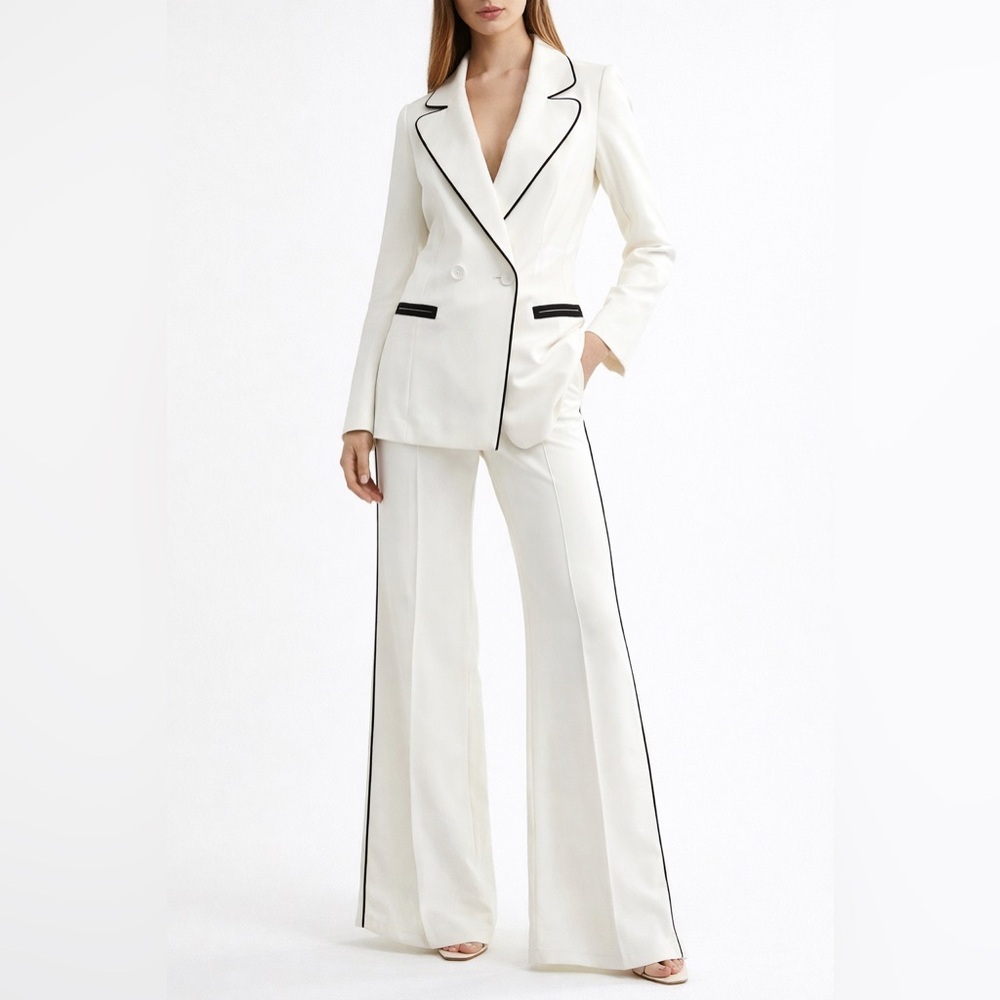 Haute Rogue Ivory Piped Suit Set S | 26” Waist Wide Leg Power Suit